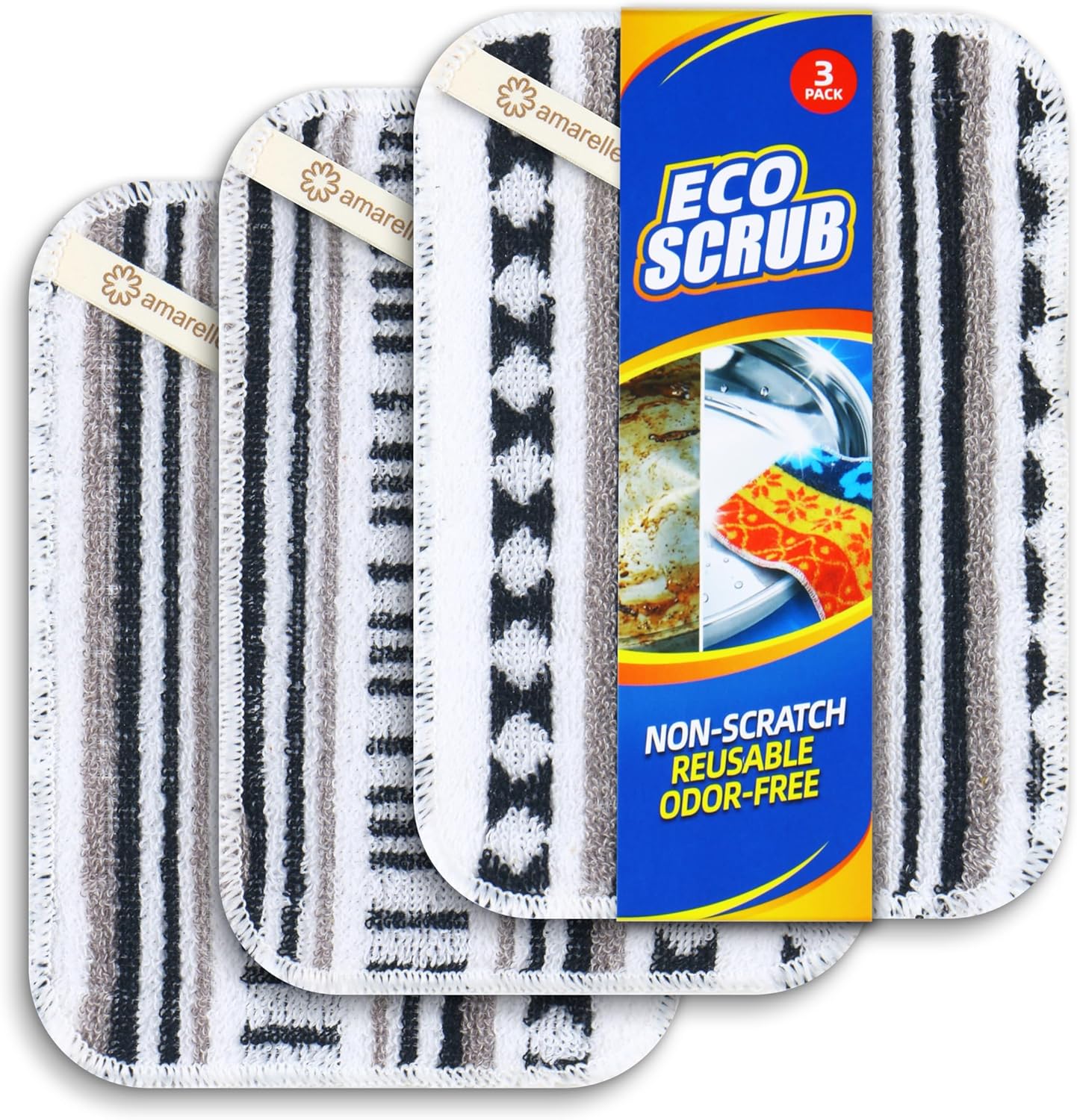 Amarelle GEN II Dish Washing Scrubbers (5-Pack)2-in-1, Made in Green Kitchen Scrubbers for Dishes, Non Scratch Pot & Pan Scrubber, Heavy Duty GOTS Organic Cotton Scouring Pads, Reusable (Metro Sketch)