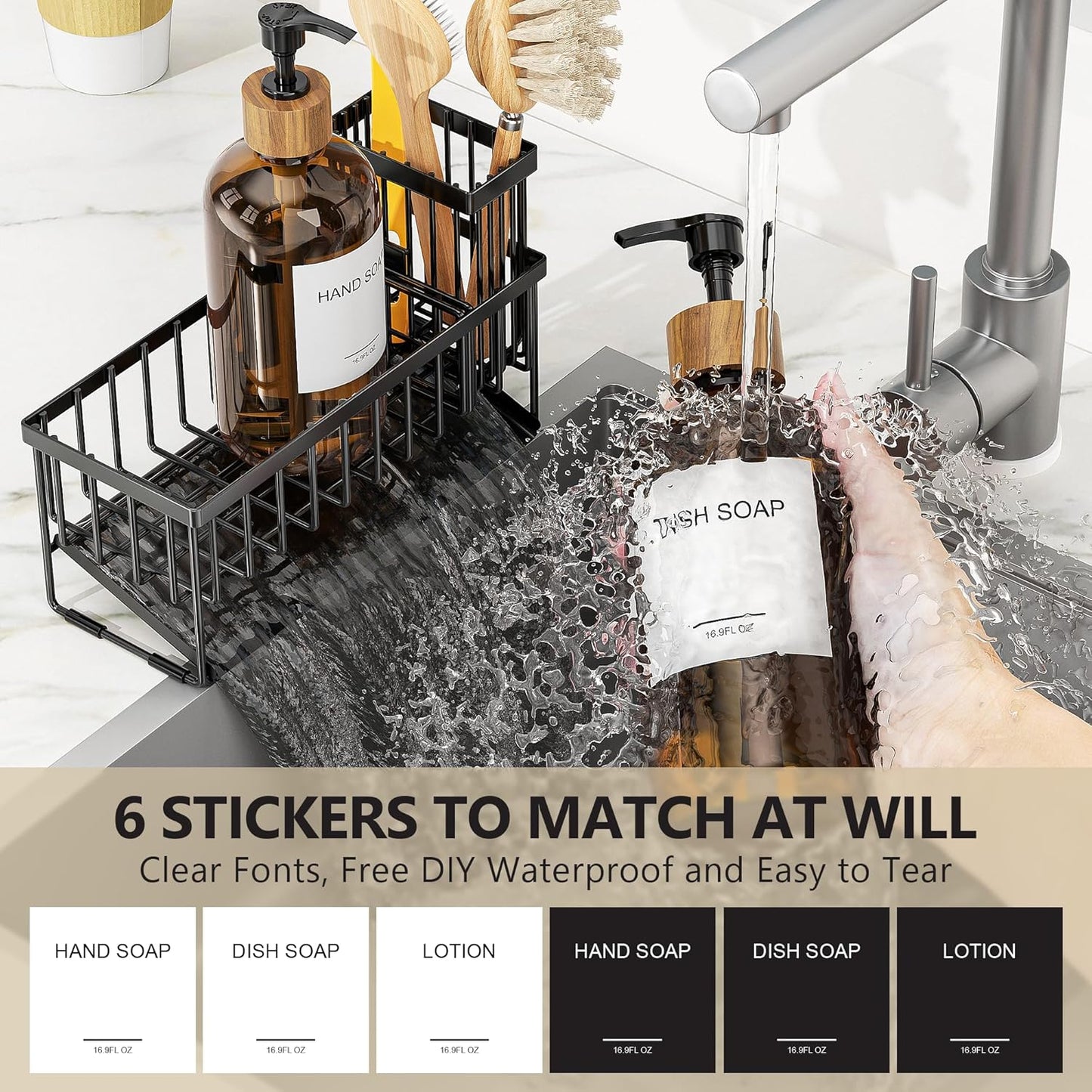 Cisily Kitchen Dish Soap Dispenser Set with 2 Pack 16.9oz Black Glass Bottle and Sponge Holder, Dish Soap Dispensers with Adjustable Sponge Holder, Vintage Hand and Dish Soap Dispensers Set