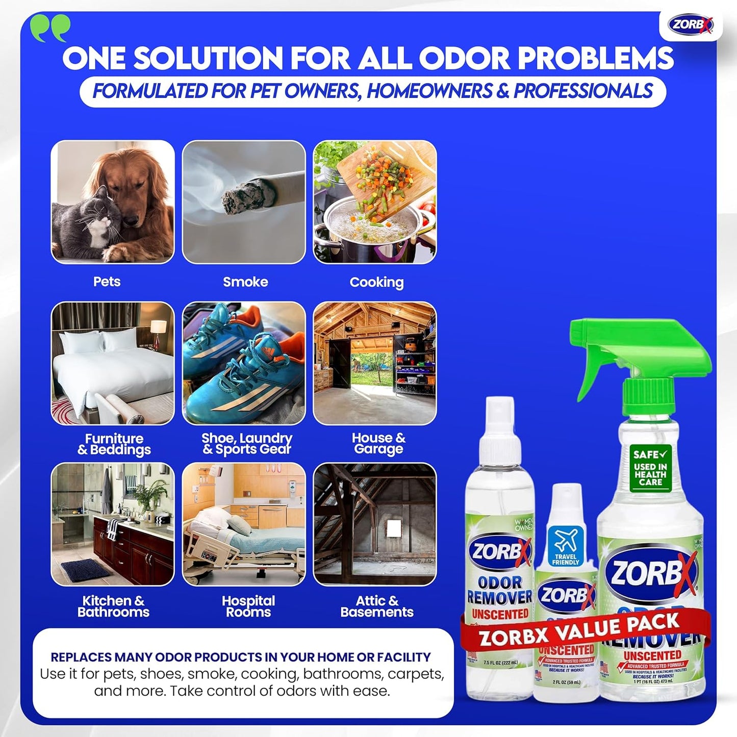 ZORBX Unscented Odor Eliminator for Strong Odor 2 Fl Oz Pack of 5 - Used in Hospitals & Healthcare Facilities - Advanced Formula, Fast-Acting Odor Remover Spray for Dog, Cat, House & Carpet
