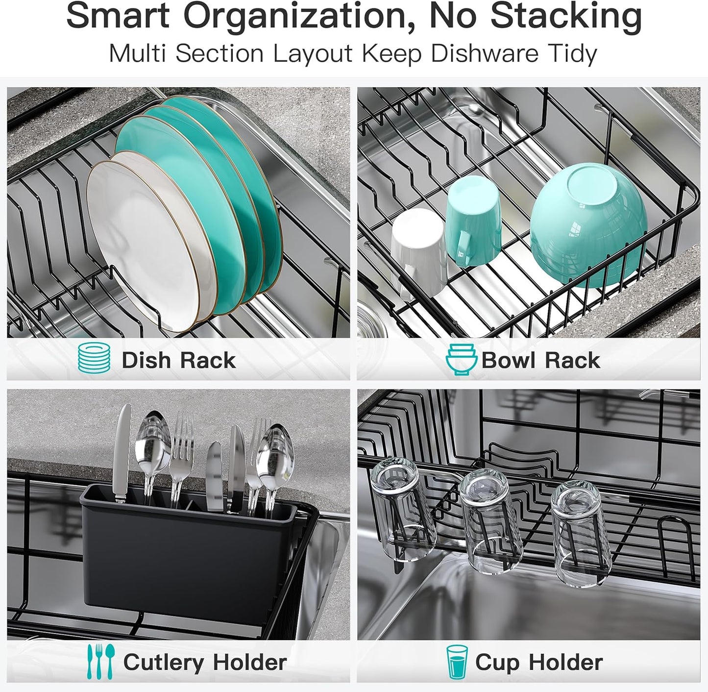 JASIWAY Dish Drying Rack in Sink, Expandable Stainless Steel Dish Drainers for Kitchen Counter, Dish Dryer Rack for Inside Sink, Over The Sink Dish Racks with Utensil Holder, Silver