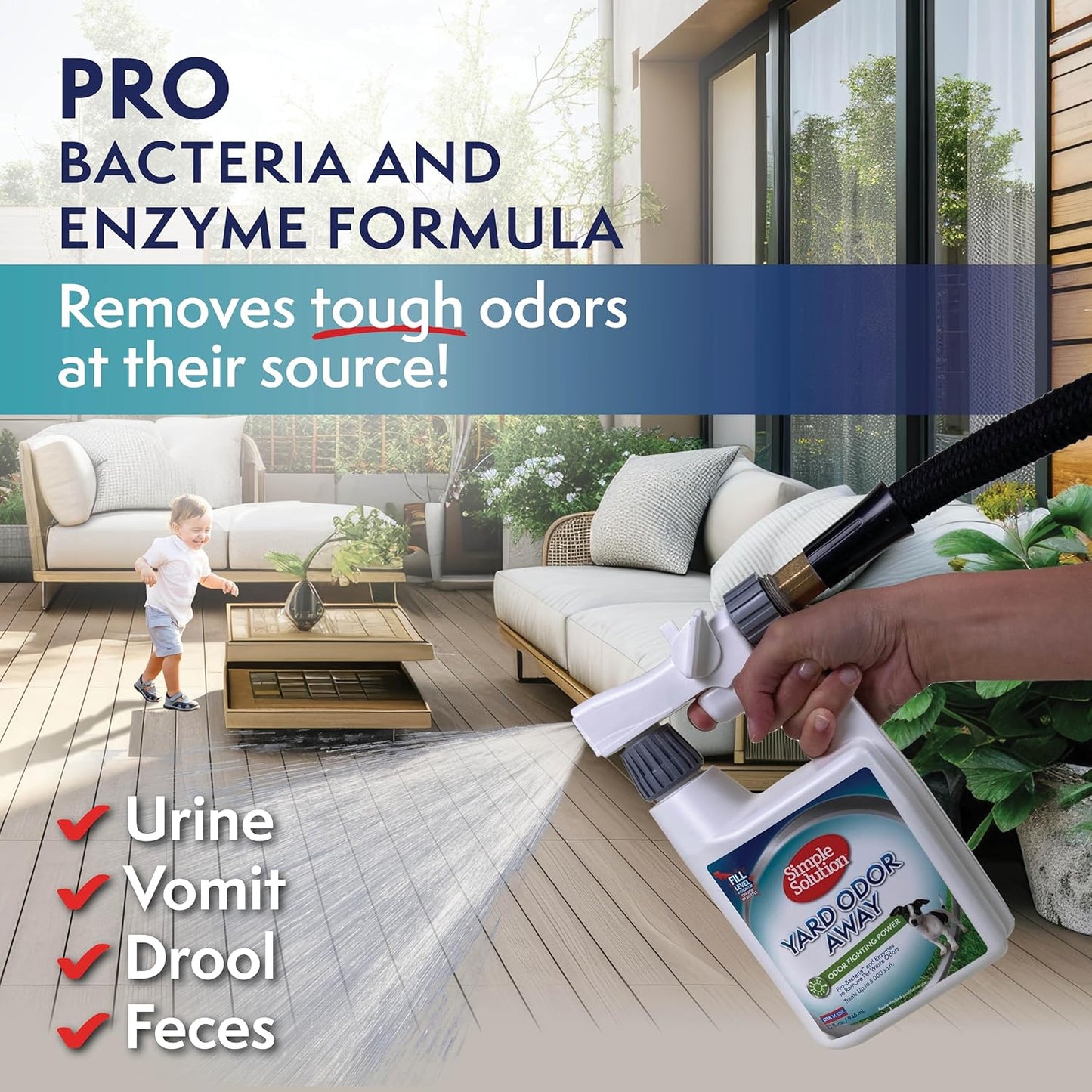 Simple Solution Yard Odor Eliminator Spray, Outdoor Pet Odor Remover, Lawn Deodorizer, Dog Urine Neutralizer, Enzyme Cleaner for Artificial Grass, Kennels, Patios, Decks, and Backyard Surfaces, 32oz