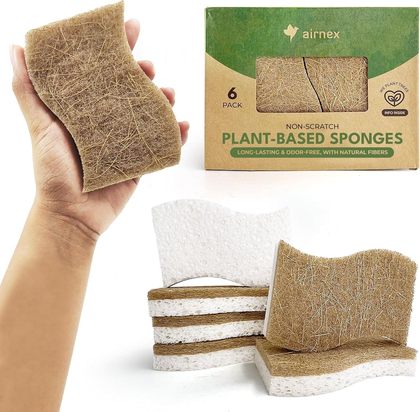 AIRNEX Natural Kitchen Sponges (12 Pack) - Biodegradable Cellulose & Coconut Scrubber Dish Sponges for Kitchen - Eco-Friendly, Non Scratch, Compostable, Non Toxic S-Shaped Natural Sponges for Dishes