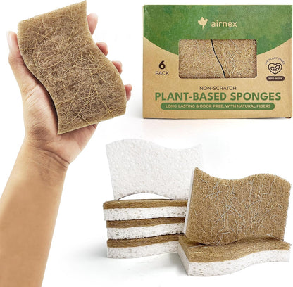 AIRNEX Natural Kitchen Sponges (12 Pack) - Biodegradable Cellulose & Coconut Scrubber Dish Sponges for Kitchen - Eco-Friendly, Non Scratch, Compostable, Non Toxic S-Shaped Natural Sponges for Dishes