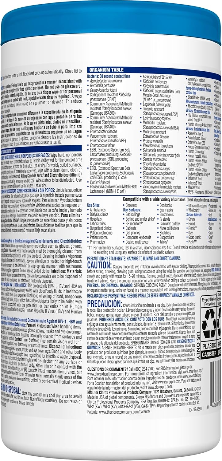 Clorox Healthcare Bleach Germicidal Wipes, 6" x 5", 150 Count Canister (Package May Vary)