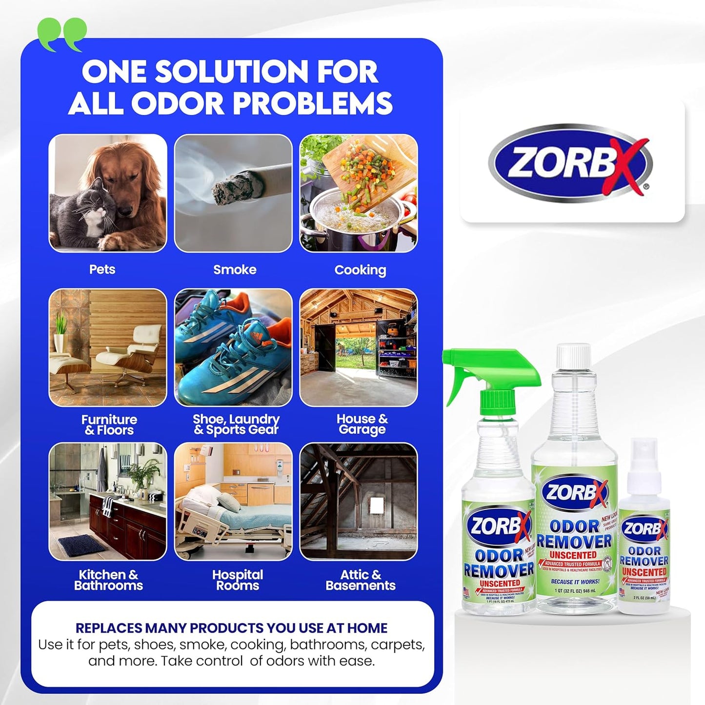ZORBX Unscented Odor Eliminator for Strong Odor 2 Fl Oz Pack of 5 - Used in Hospitals & Healthcare Facilities - Advanced Formula, Fast-Acting Odor Remover Spray for Dog, Cat, House & Carpet