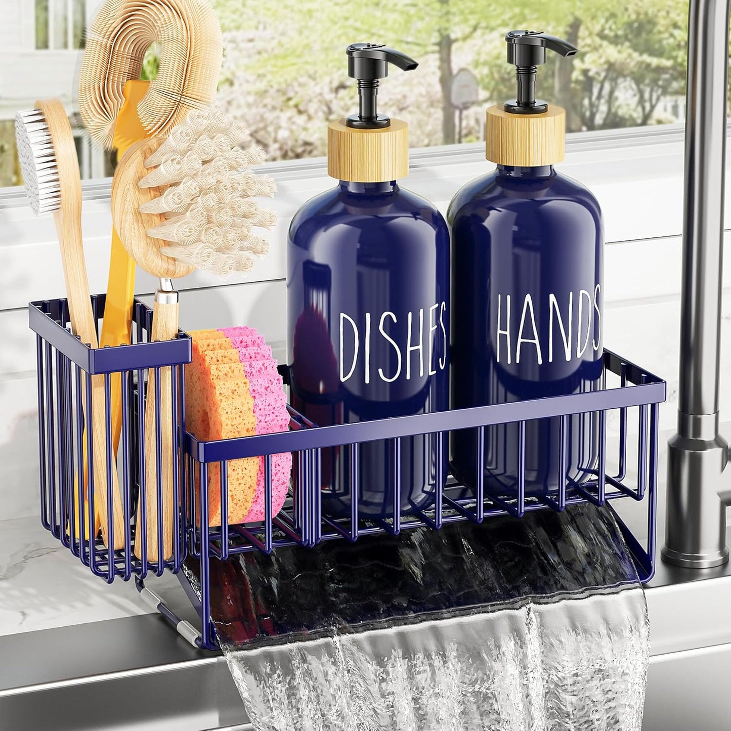 Cisily Kitchen Dish Soap Dispenser Set with 2 Pack 16.9oz Black Glass Bottle and Sponge Holder, Dish Soap Dispensers with Adjustable Sponge Holder, Vintage Hand and Dish Soap Dispensers Set