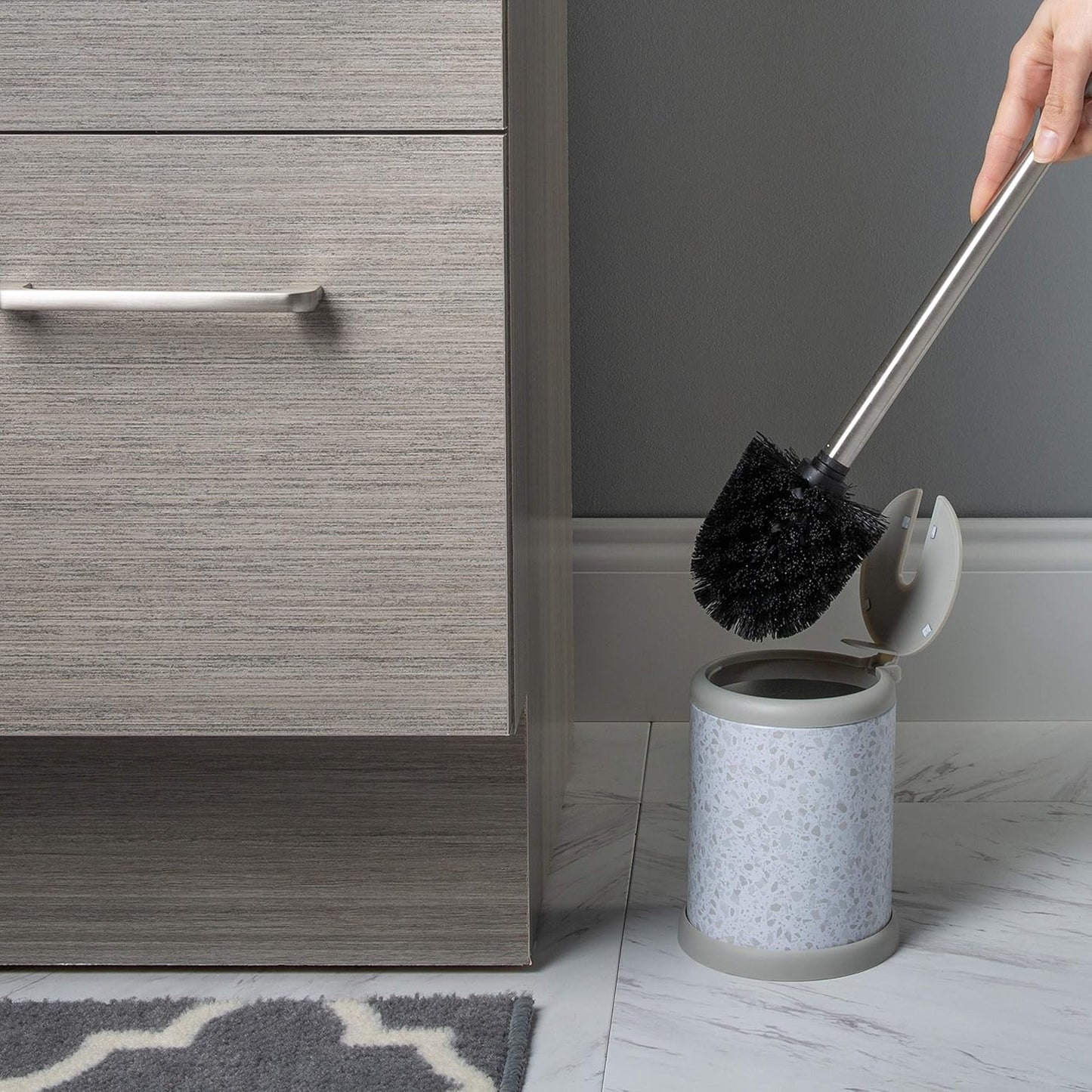 Bath Bliss Toilet Brush and Holder | Self Closing Lid | 360 Degree Brush Head | Bathroom Cleaning | Compact Size | Storage and Organization | Stainless Steel