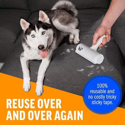 Pet Hair Remover Roller B7 – Reusable, Self-Cleaning Lint Roller for Dogs & Cats – Portable Fur Remover for Couch, Carpet, Car – White