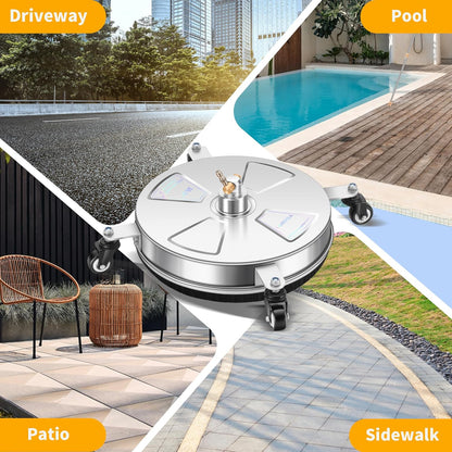 14" Pressure Washer Surface Cleaner with 4 Wheels - Stainless Steel Surface Cleaner for Pressure Washer Attachment for Concrete, Patio, Sidewalk, Deck and Driveways - PWS14