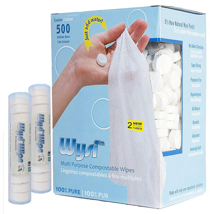 WYSI Multi-Purpose Wipes - Just Add Water - 100 Compressed Tablets & 1 To Go Tube - Multipurpose All Natural Reusable Wipes - Biodegradable Towelettes - Hypoallergenic - Compostable - Scent-Free.
