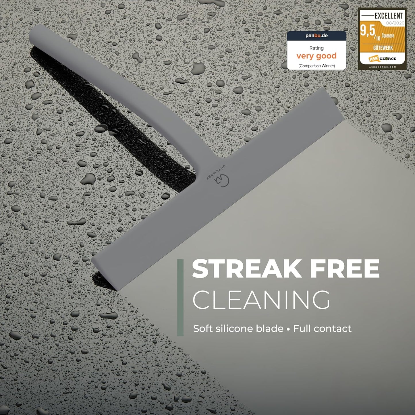 GÜTEWERK Silicone Shower Squeegee for Glass Doors & Mirrors with Stainless Steel Core, Streak-Free & No-Squeak Window Cleaning, 3-in-1 No-Drill Mount (Hook/Suction/Adhesive), Black, 9''