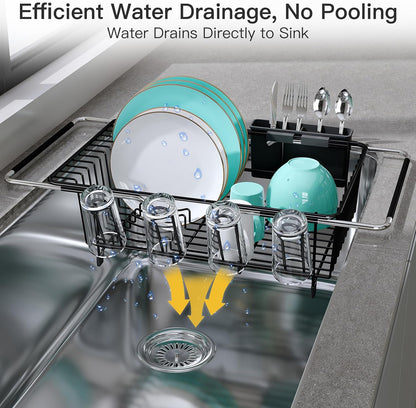 JASIWAY Dish Drying Rack in Sink, Expandable Stainless Steel Dish Drainers for Kitchen Counter, Dish Dryer Rack for Inside Sink, Over The Sink Dish Racks with Utensil Holder, Silver