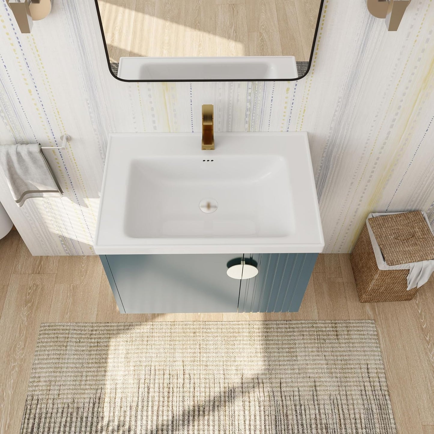 SSLine Modern 24-Inch Bathroom Vanity with Sink Wall Mounted Bathroom Vanity with Top Basin & Storage Cabinet White Wood Floating Vanity w/Ceramic Sink & Gold/Black Handles for Small Space