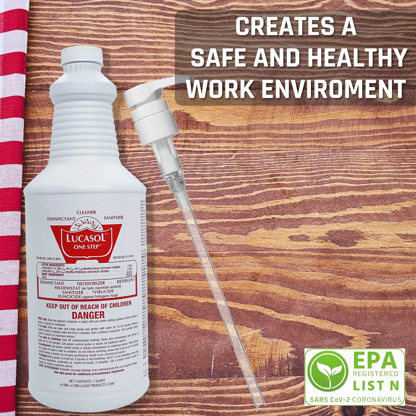 Lucasol One Step Disinfectant, 32 Fl Oz Disinfectant & 24 Oz Empty Refillable Spray Bottle Combo. Multi Purpose Cleaner Spray For Hospitals, Schools, Salons, Household Cleaning And More