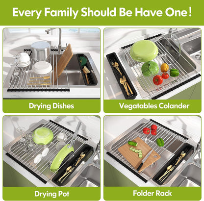 JASIWAY Dish Drying Rack in Sink, Expandable Stainless Steel Dish Drainers for Kitchen Counter, Dish Dryer Rack for Inside Sink, Over The Sink Dish Racks with Utensil Holder, Silver