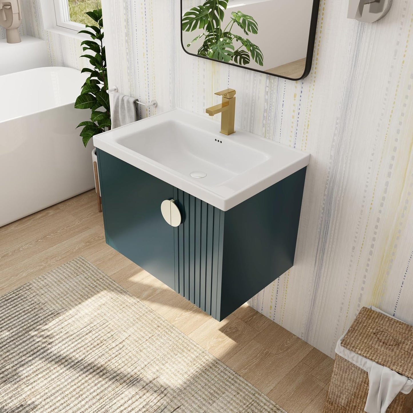 SSLine Modern 24-Inch Bathroom Vanity with Sink Wall Mounted Bathroom Vanity with Top Basin & Storage Cabinet White Wood Floating Vanity w/Ceramic Sink & Gold/Black Handles for Small Space