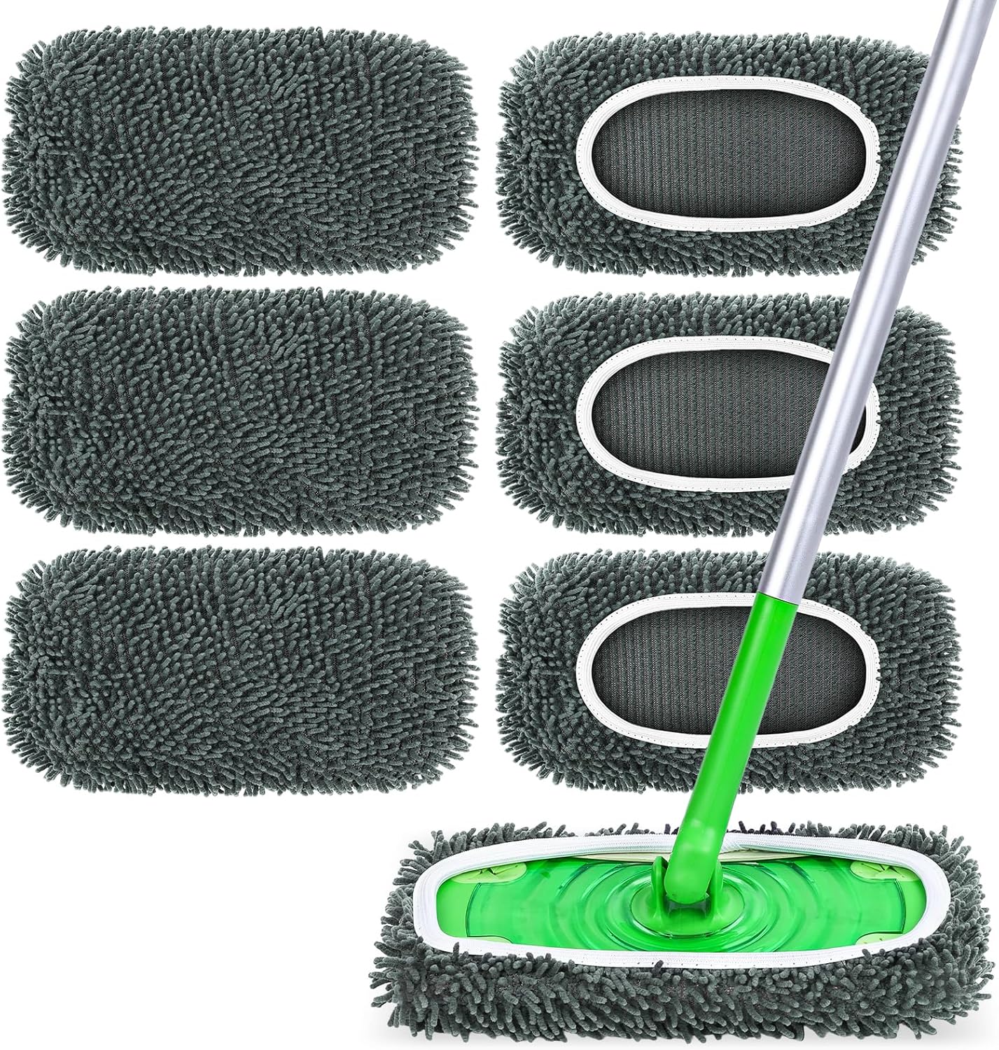 6 Pack Reusable Mop Pads Compatible with Swiffer Sweeper, Chenille Mop Refill Pads, Dry & Wet Mopping Cloths for Floor Cleaning -Pink