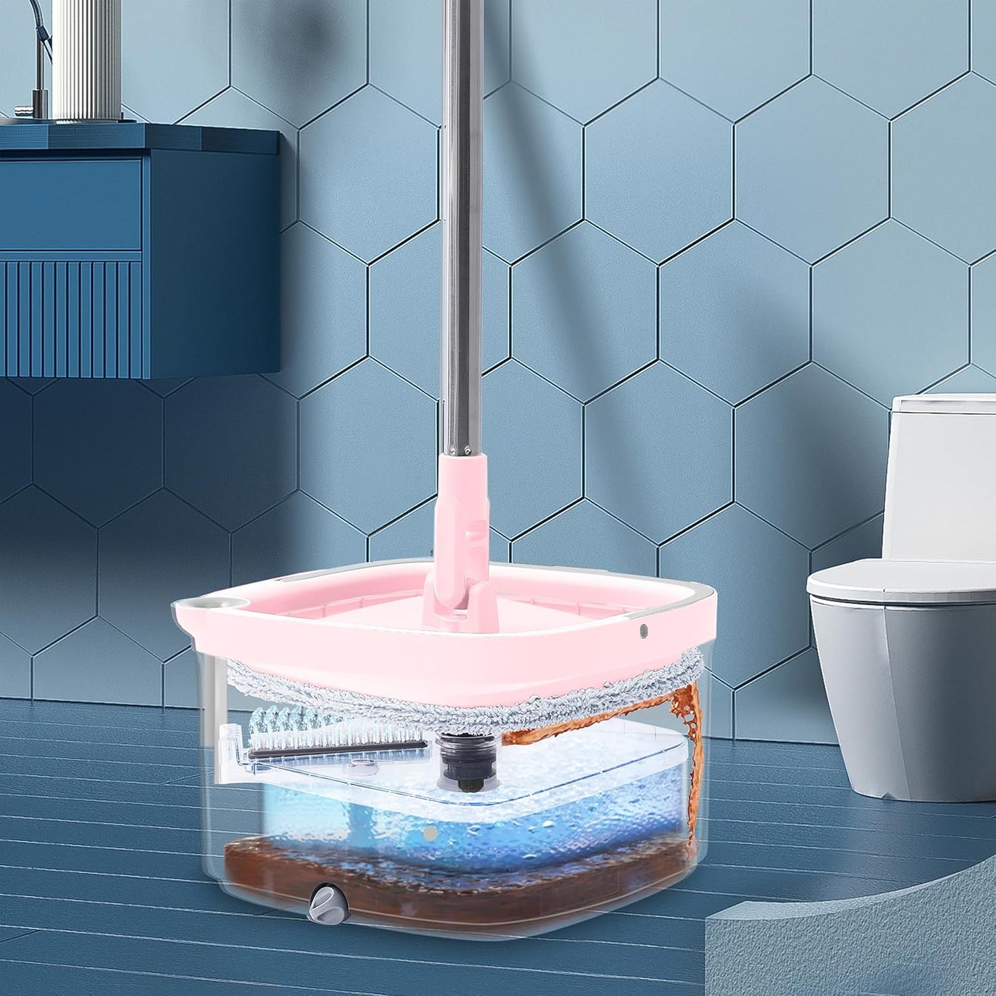 Spin Mop and Bucket with Separate Compartments for Clean and Dirty Water NEW 2025 Upgraded Version w/Side Brush and Self Standing Handle, Smart Square Mop w/ 2 Machine Washable Microfiber Pads, Rose