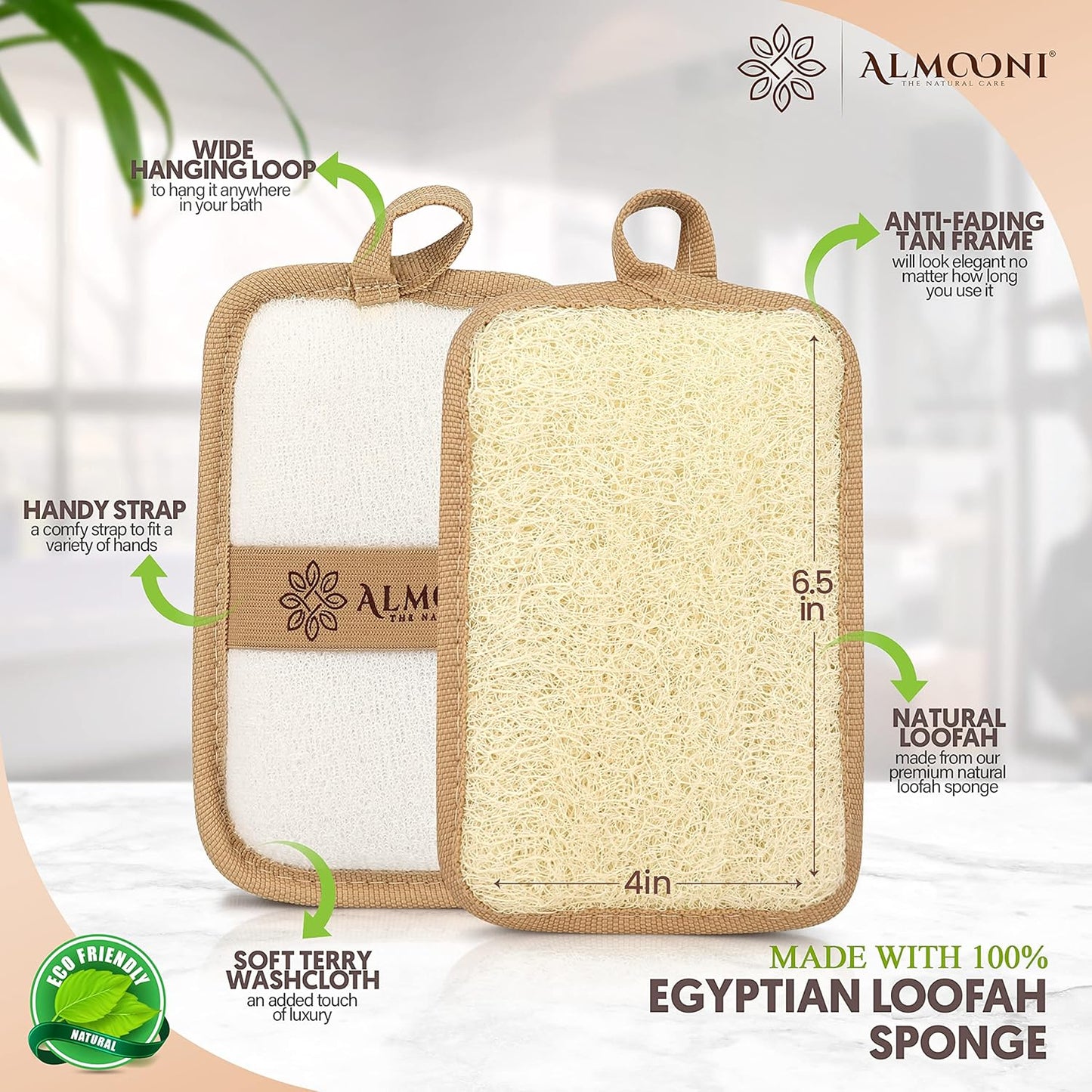 Almooni Natural Loofah Exfoliating Body Scrubber, Made with Natural Egyptian Shower Loofah Sponge, Bath Shower Loofah Sponge for Women and Men, for Face and Body That Gets You Clean - 2 Count (1 Pack)