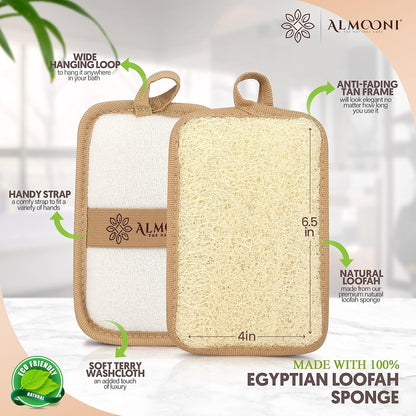 Almooni Natural Loofah Exfoliating Body Scrubber, Made with Natural Egyptian Shower Loofah Sponge, Bath Shower Loofah Sponge for Women and Men, for Face and Body That Gets You Clean - 2 Count (1 Pack)