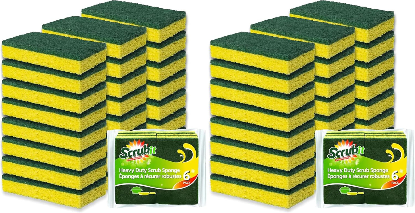 SCRUBIT Heavy Duty Scrub Sponges - Dishwashing Sponge Along with A Tough Scouring Pad - Ideal for Cleaning Kitchen, Dishes, Bathroom - Yellow - 24 Dish sponges