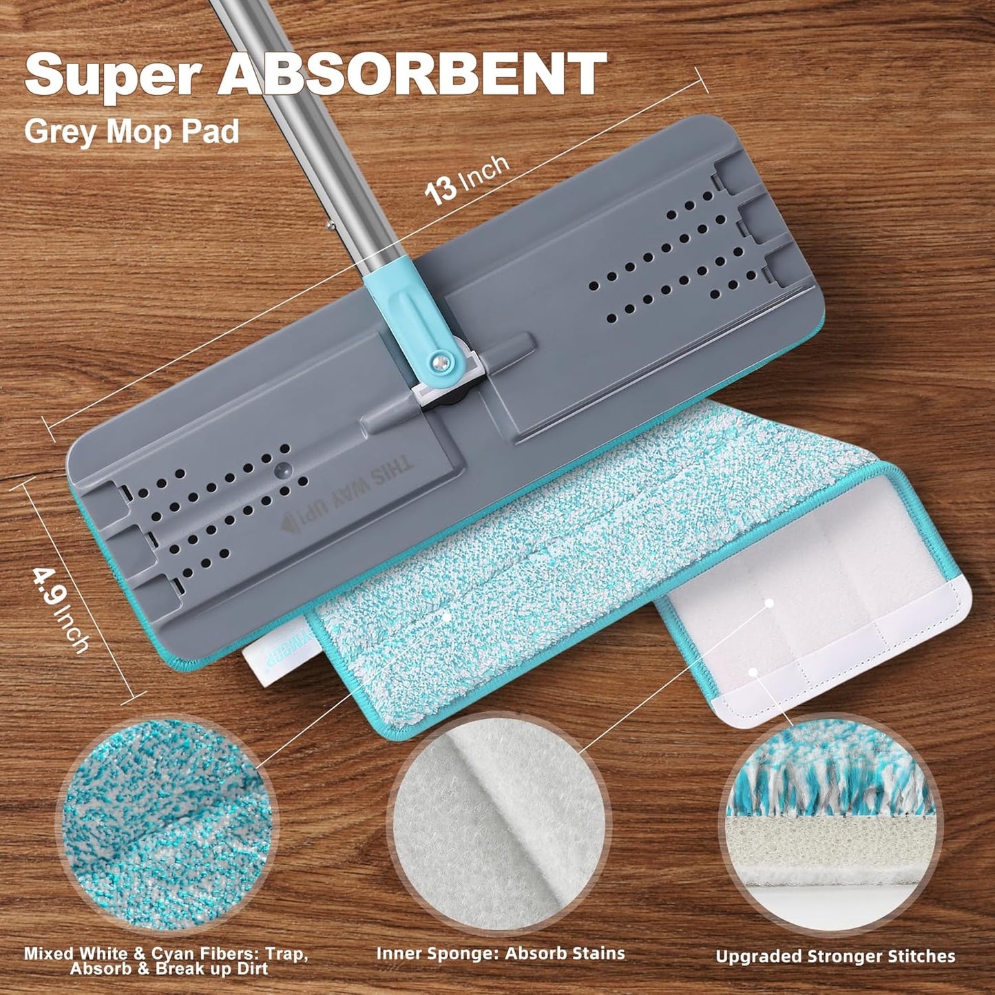 JOYMOOP Flat Mops, Microfiber Mop for Floor Cleaning and Wall Cleaner, 50" Mop Handle with Flexible 13" Flat Head with a Microfiber Mop Pad - White