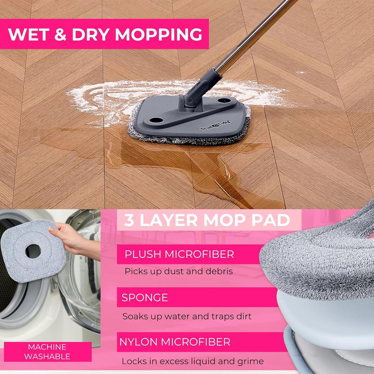 True & Tidy® True Clean Mop and Bucket System, Includes Square Spin, Dual Compartment Mop Bucket and 2 Thick Machine Washable Pads New Upgraded with Side Brush & Self Standing Handle, Rose