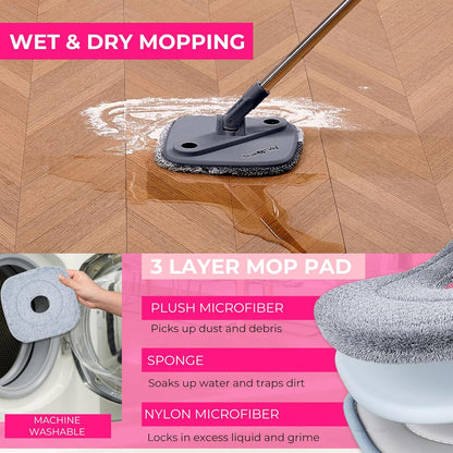 True & Tidy® True Clean Mop and Bucket System, Includes Square Spin, Dual Compartment Mop Bucket and 2 Thick Machine Washable Pads New Upgraded with Side Brush & Self Standing Handle, Rose