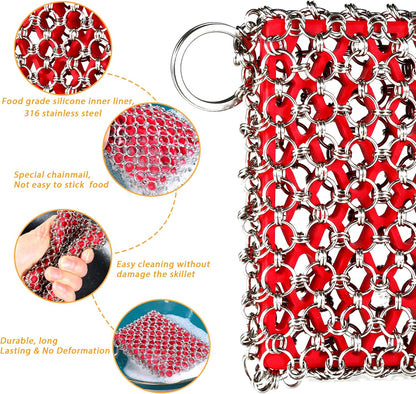 TEZZ Cast Iron Scrubber, Skillet Chainmail Scrubber for Cast Iron Pan - Chain Mail Scrubber Cast Iron Sponge - Metal Scrubber Cast Iron Skillet Cleaner, Wok, Frying Pans, Dutch Oven Cleaning Scrubber