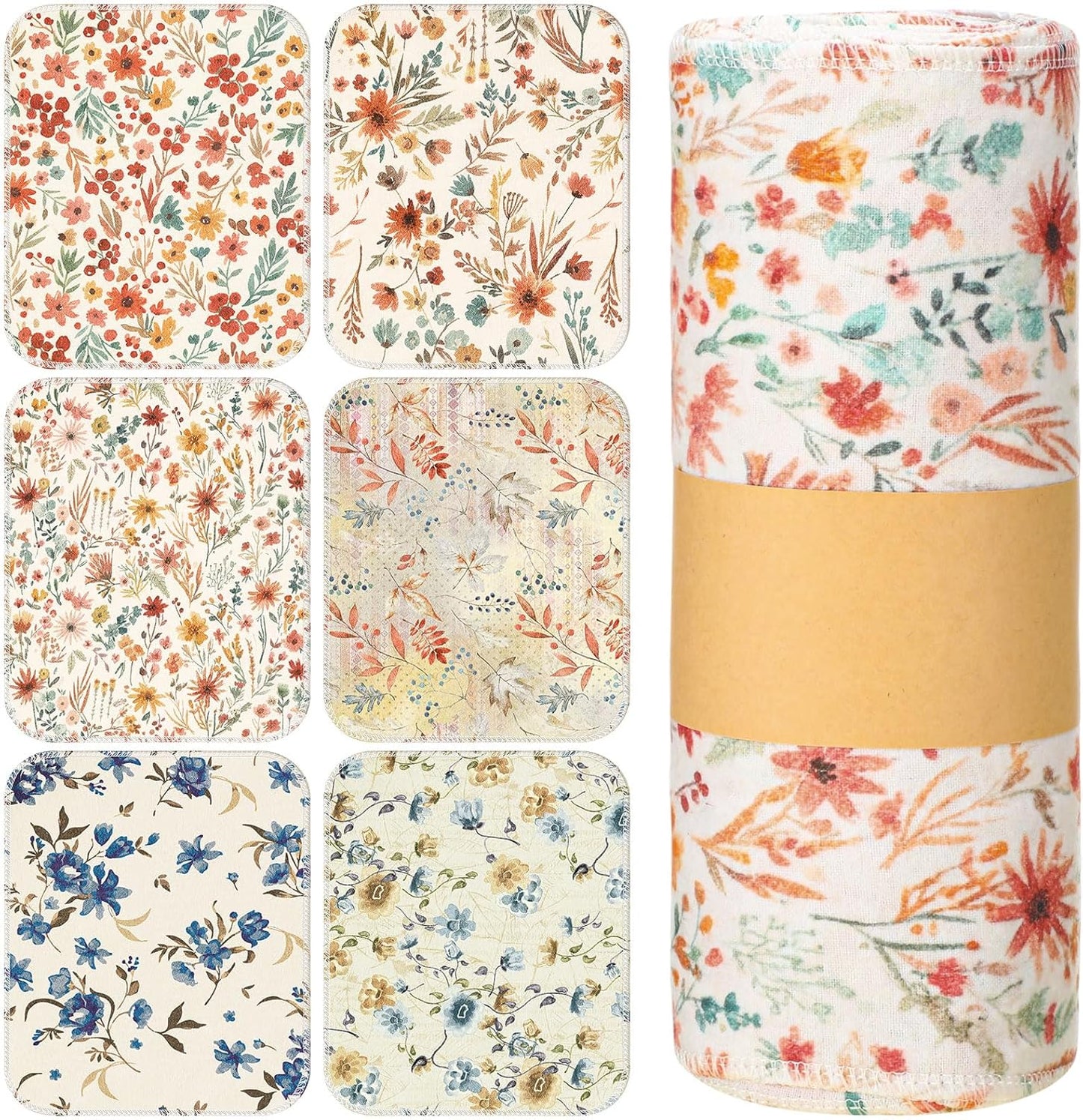 Redbaker 30 Pcs Reusable Paper Towels Rolls Kitchen Towels Bulk Washable Paperless Cloth Cotton Hand Napkins with Cardboard Reusable Napkins for Kitchen Bathroom(Floral,10 x 12 in)
