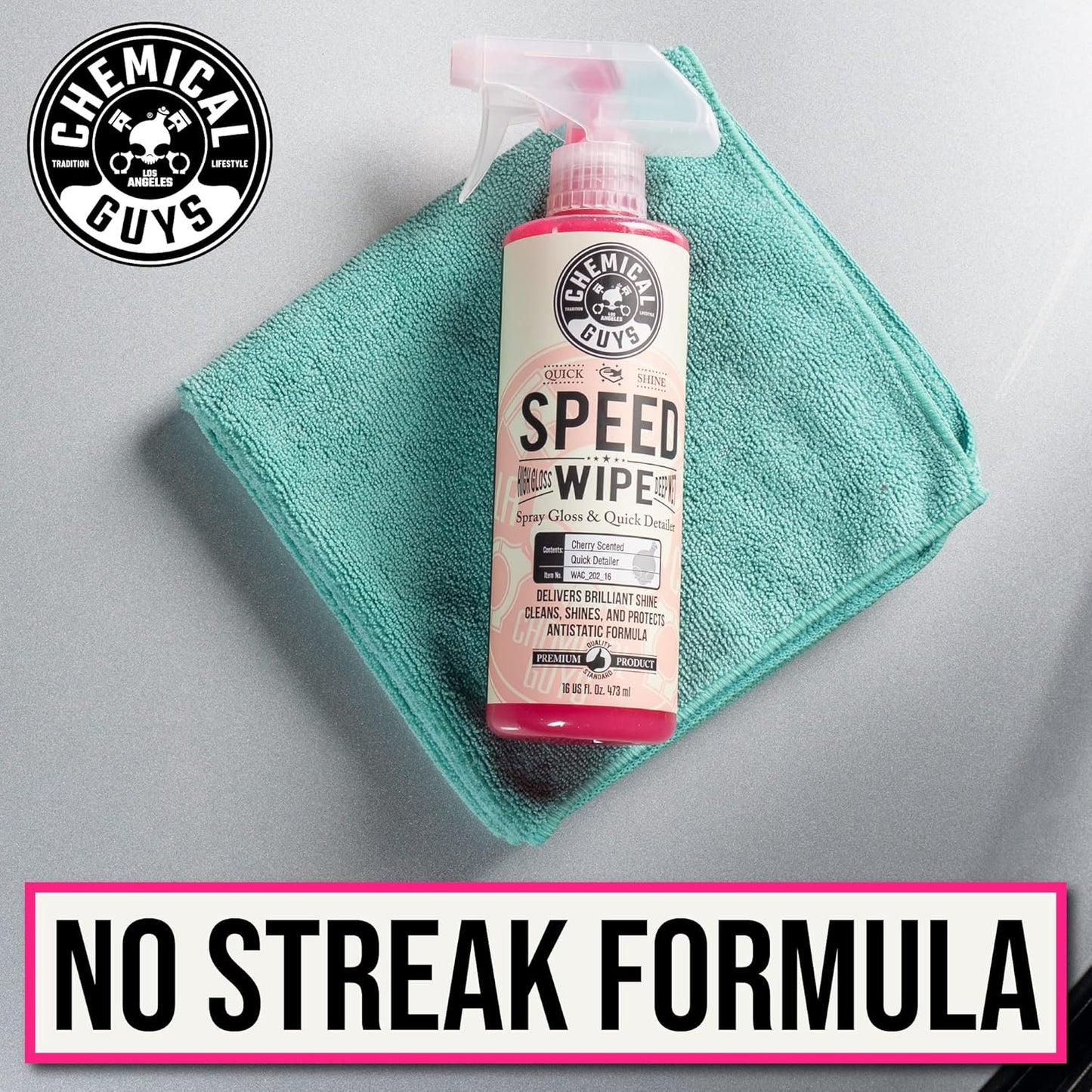 Chemical Guys Speed Wipe Quick Detailer - High Gloss, Streak-Free Shine, Detail Spray for Cars, Trucks, Motorcycles, RVs, and More, Safe on Paint, Glass, Wheels, and Trim, Cherry Scent, 16 fl oz