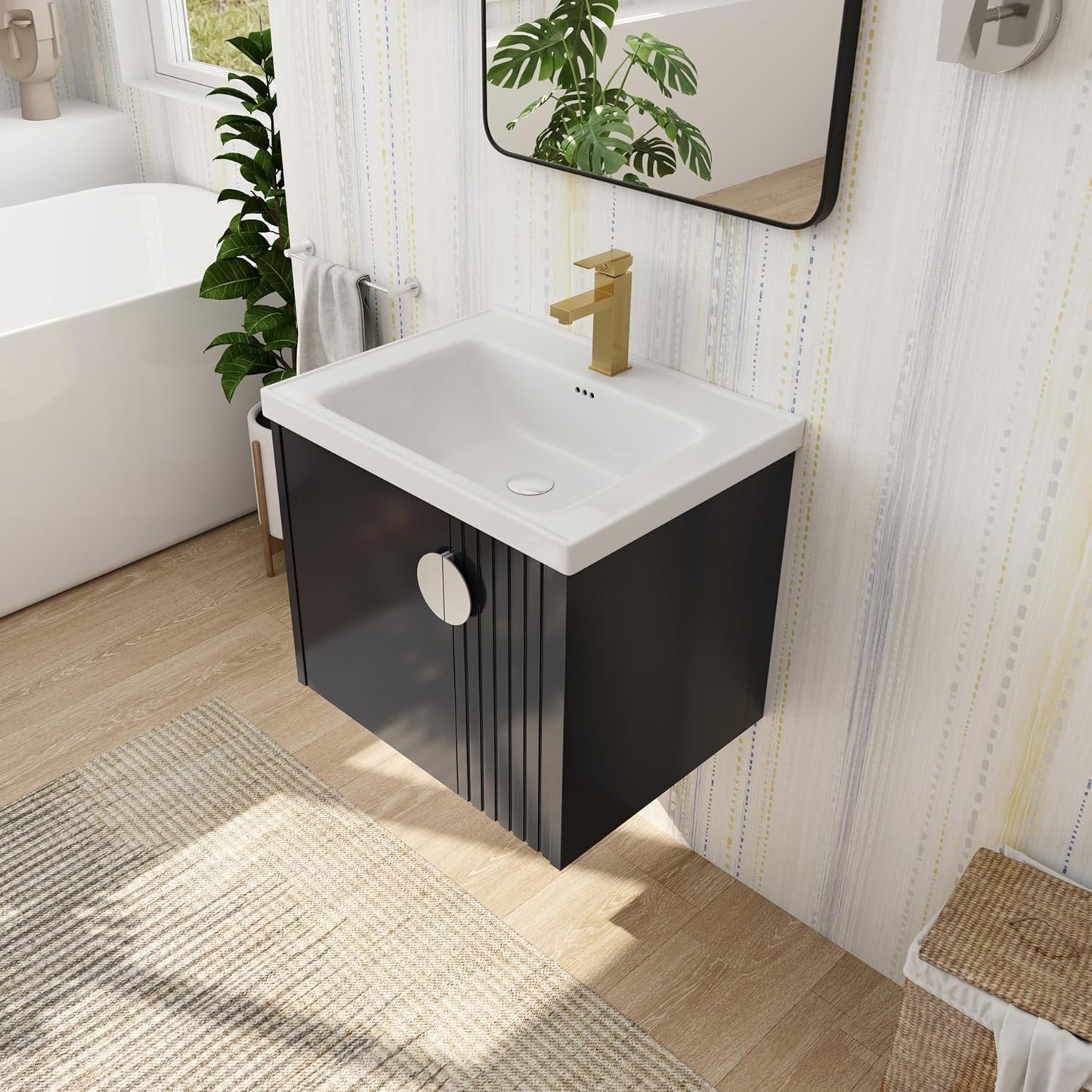 SSLine Modern 24-Inch Bathroom Vanity with Sink Wall Mounted Bathroom Vanity with Top Basin & Storage Cabinet White Wood Floating Vanity w/Ceramic Sink & Gold/Black Handles for Small Space