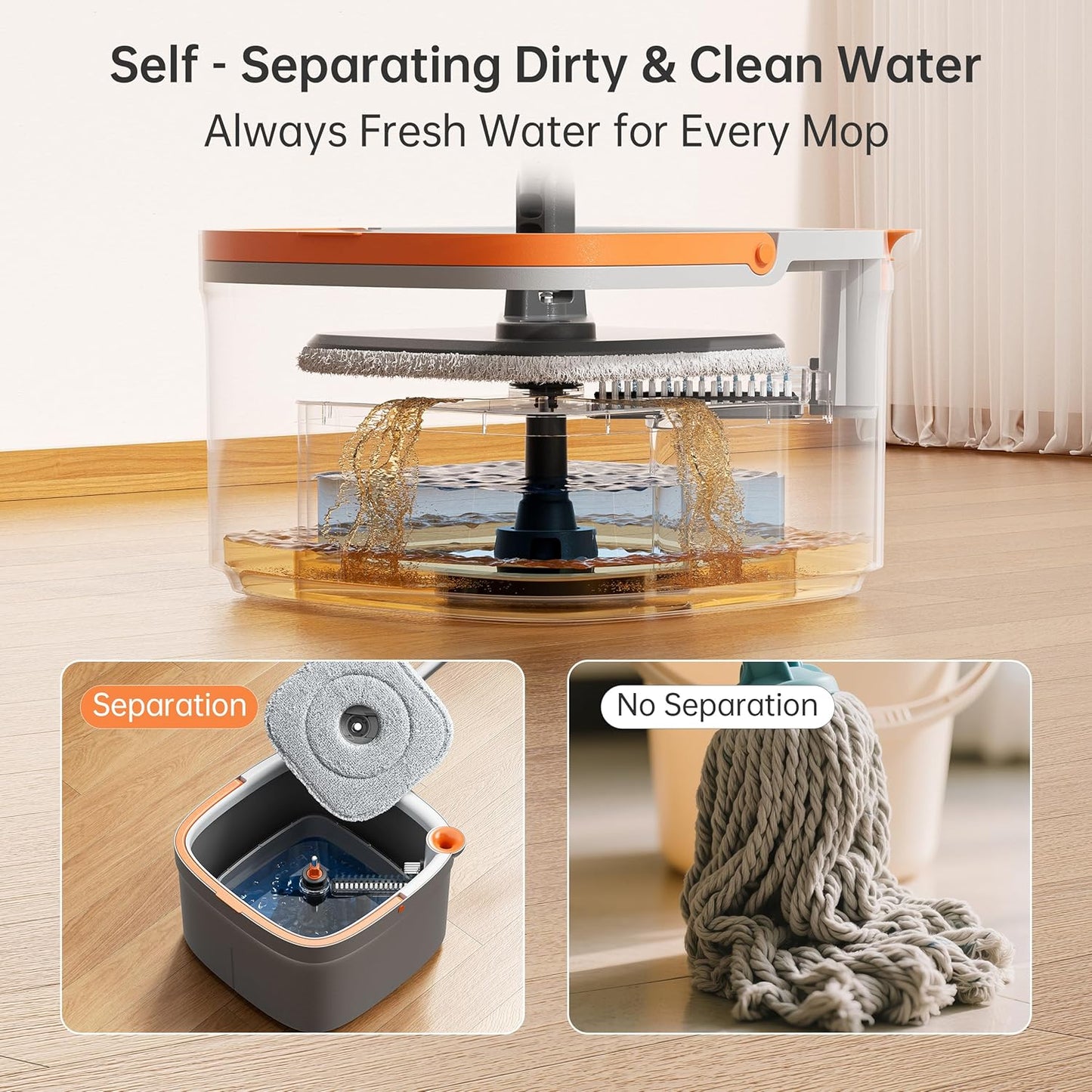 Upgraded Spin Mop and Bucket System Set, Self Separate Clean and Dirty Water, Foldable Square Standing Mop Head with Microfiber Mop Pads, Detachable Bucket (White+Blue, Mop Set with 6PC Pads)