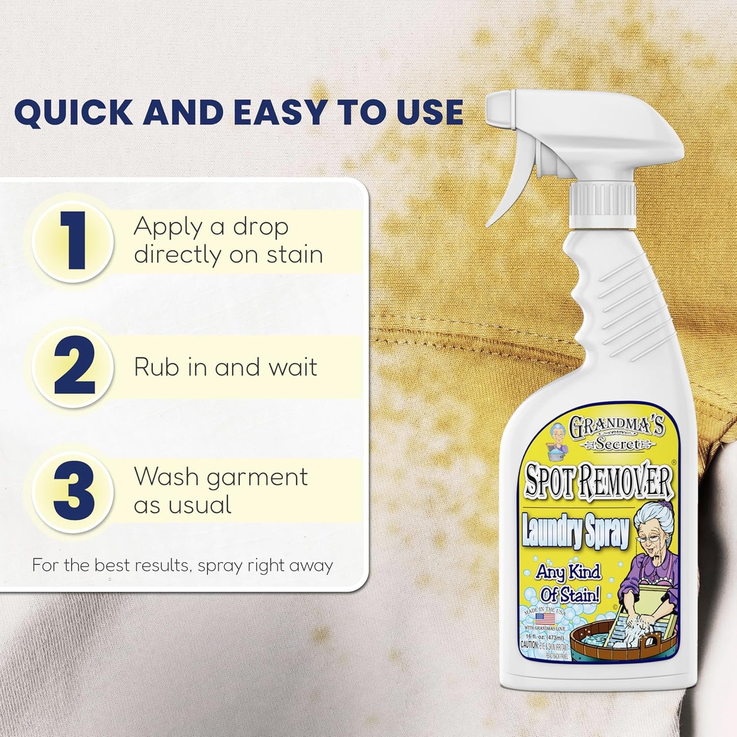 Grandma's Secret Spot Remover Laundry Spray - Chlorine, Bleach and Toxin-Free for Clothes - Fabric Stain Remover Removes Oil, Paint, Blood and Pet Stains - 16 oz & 2 oz Combo, DuoPack
