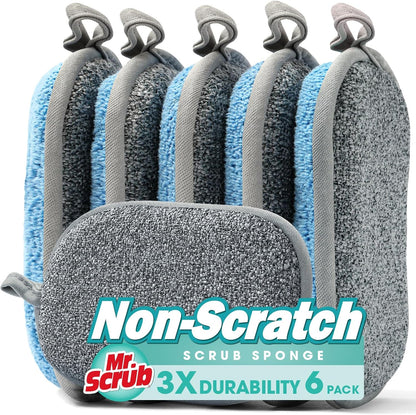 Sponges Kitchen Dish Sponge for Washing Dishes Cleaning Kitchen, All-Purpose, 6 Pack, Non Scratch, Rough Scrubbers Side for Non-Stick Cookware, Soft Microfiber Scrub Side for Dishes, Mr. Scrub