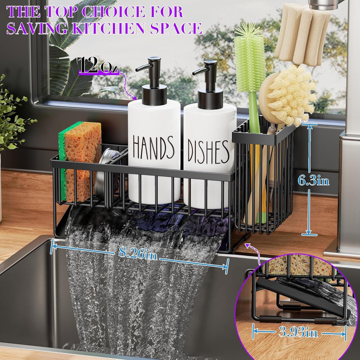 MASADI Kitchen Sink Caddy with Dish Soap Dispenser Set, 12OZ Glass Bottle, Hand and Dish Soap Dispenser Set, Non-Slip Silicone Pad, Brush Holder, Kitchen Sink Organizer Countertop (Black+Clear)