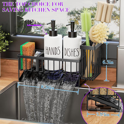 MASADI Kitchen Sink Caddy with Dish Soap Dispenser Set, 12OZ Glass Bottle, Hand and Dish Soap Dispenser Set, Non-Slip Silicone Pad, Brush Holder, Kitchen Sink Organizer Countertop (Black+Clear)