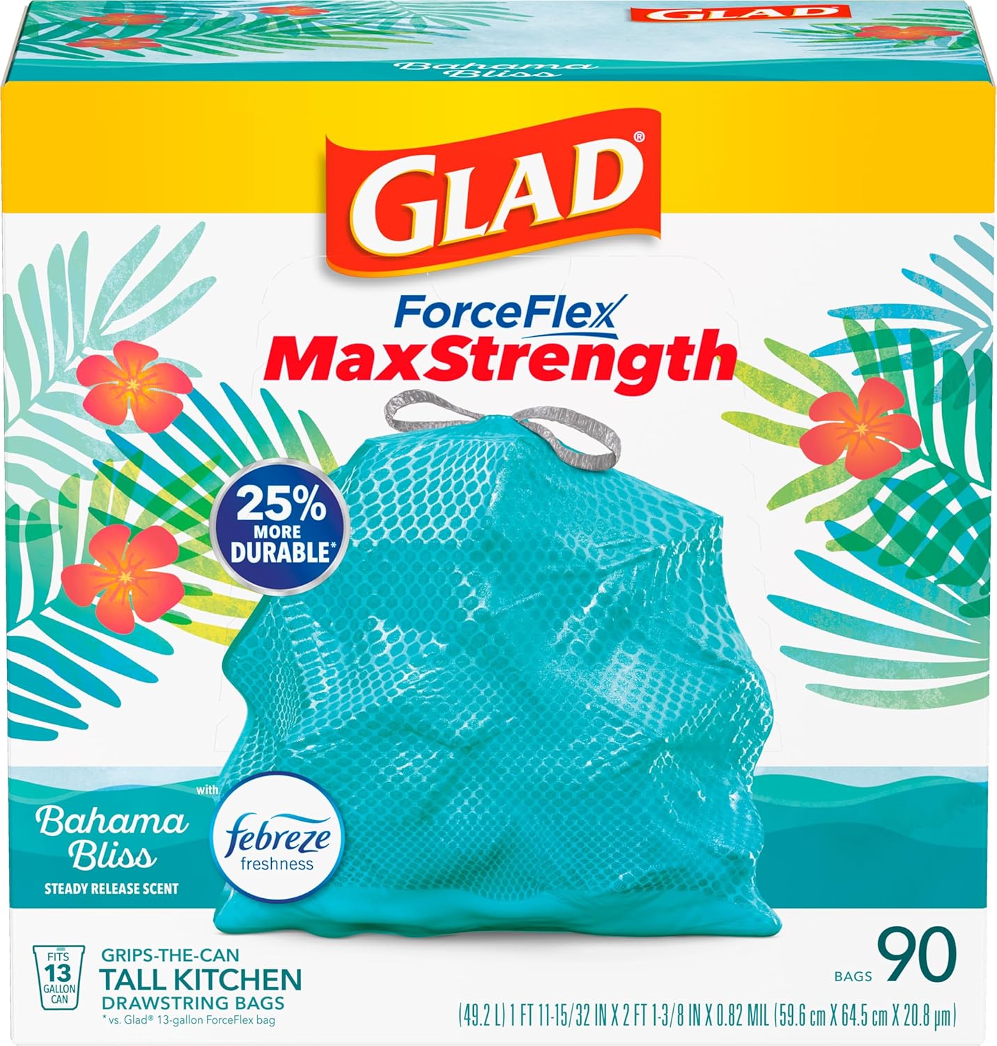 Glad Tall Kitchen Trash Bags 13 Gallon, MaxStrength Beachside Breeze Garbage Bags, Odorshield with Drawstring, 34 Count