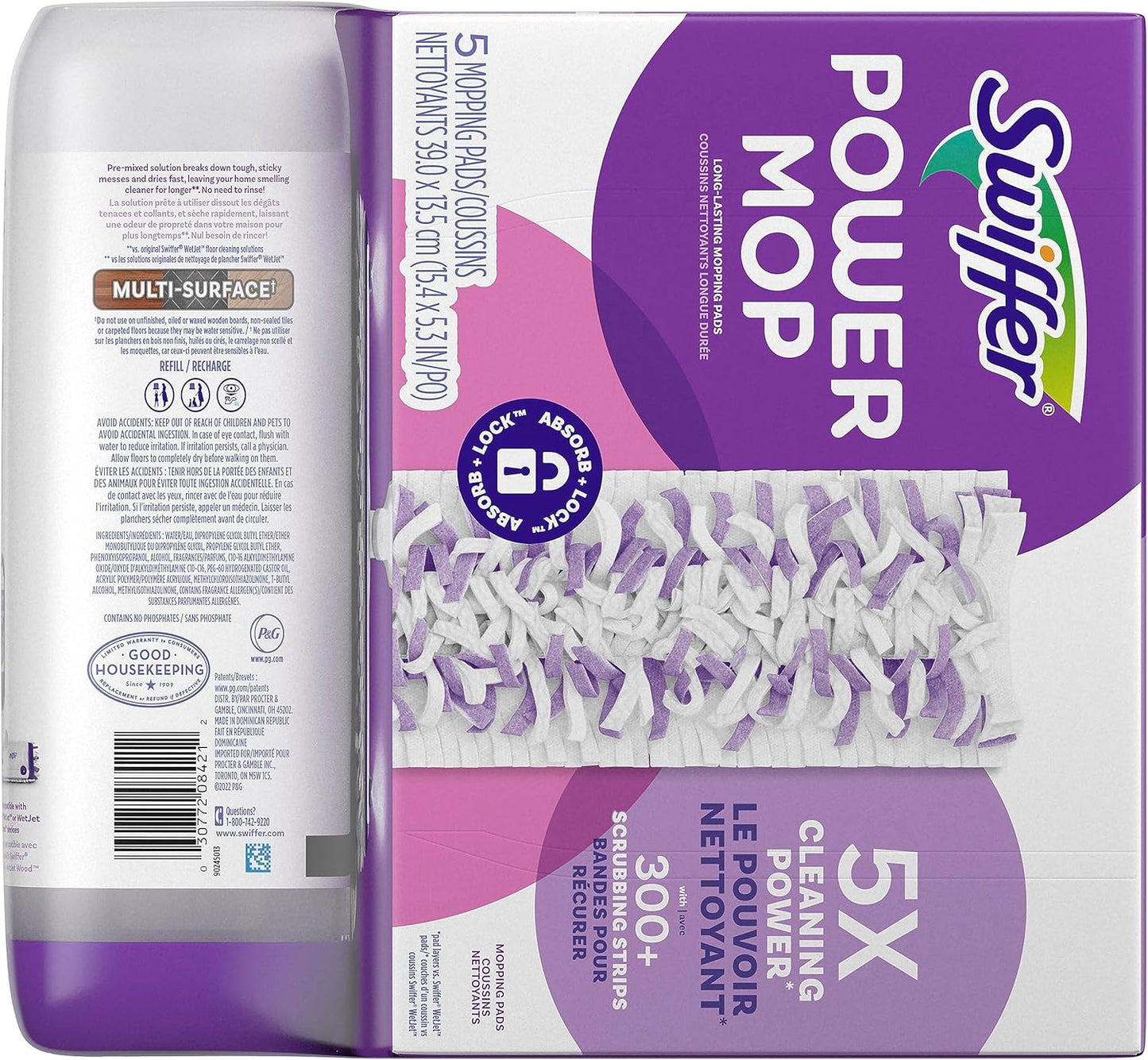 Swiffer Power Mop Refill Pack, Floor Cleaner for Mopping Tile, Vinyl, Laminate, Wood in Home, Bathroom, Kitchen, All Purpose Multi-Surface Cleaning, 5 Pads + 1 Lavender Solution