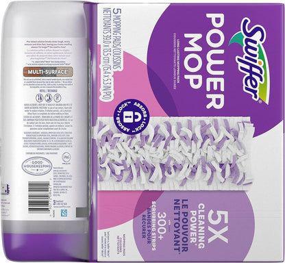 Swiffer Power Mop Refill Pack, Floor Cleaner for Mopping Tile, Vinyl, Laminate, Wood in Home, Bathroom, Kitchen, All Purpose Multi-Surface Cleaning, 5 Pads + 1 Lavender Solution