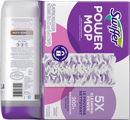 Swiffer Power Mop Refill Pack, Floor Cleaner for Mopping Tile, Vinyl, Laminate, Wood in Home, Bathroom, Kitchen, All Purpose Multi-Surface Cleaning, 5 Pads + 1 Lavender Solution