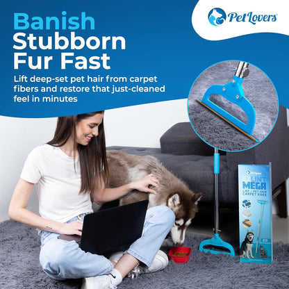 PetLovers EzLint Mega 52" Carpet Rake & Pet Hair Removal Tool – Dog & Cat Hair Remover Broom with Adjustable Handle & Extra Wide Head for Carpets, Rugs & Stairs Ocean Blue
