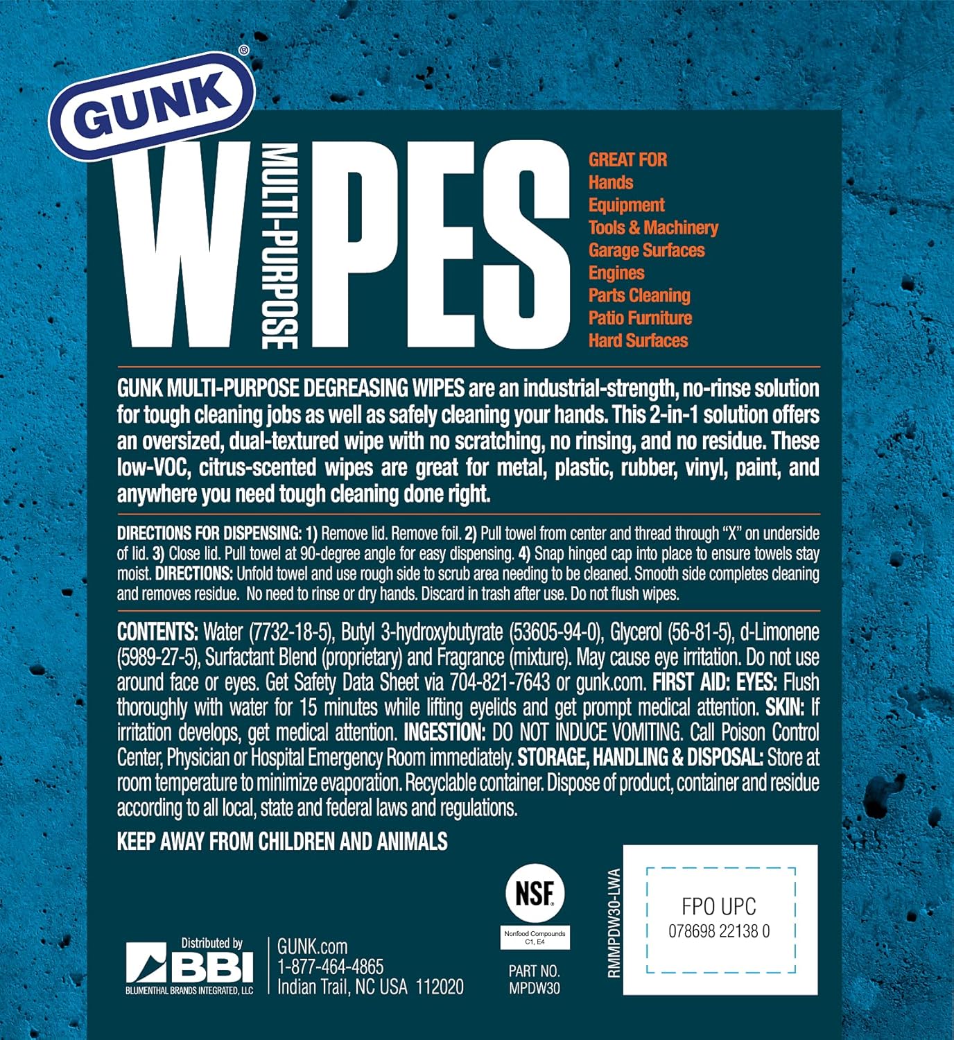 GUNK MPDW30 Multi-Purpose Degreasing Wipes 30-Count 8 x 12 inch 2-Sided Smooth or Scrubby Texture