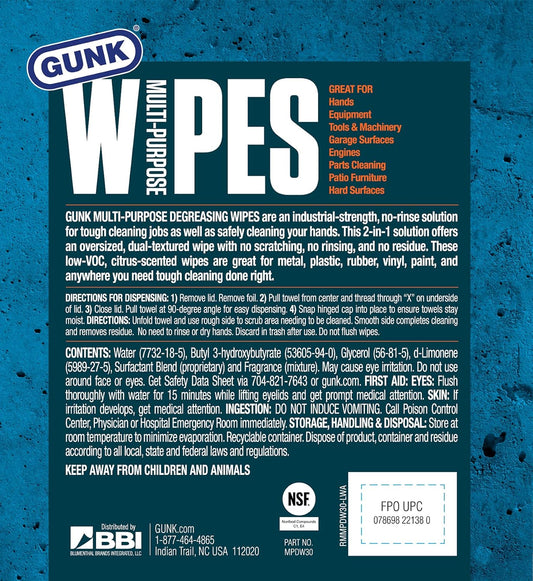 GUNK MPDW30 Multi-Purpose Degreasing Wipes 30-Count 8 x 12 inch 2-Sided Smooth or Scrubby Texture