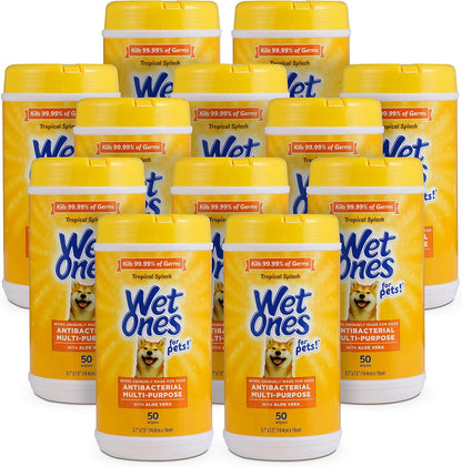 Wet Ones for Pets Antibacterial Dog Wipes, Multi-Purpose Grooming Wipes with Aloe Vera for Paws, Face & Body, Easy Cleanups Between Baths, Tropical Splash Scent, 5.7 in x 7.5 in, 50 Count