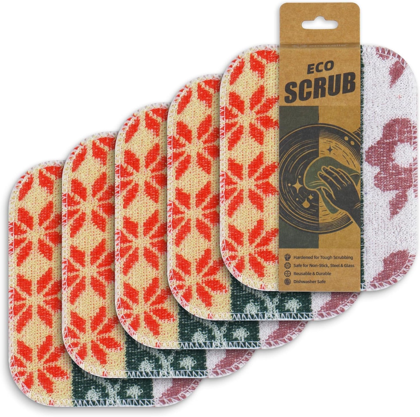 Amarelle GEN II Dish Washing Scrubbers (3-Pack), Made in Green Kitchen Scrubbers for Dishes, Non Scratch Pot & Pan Scrubber, Dual-Sided Heavy-Duty Scouring Pads, Reusable (Nordic Folk)
