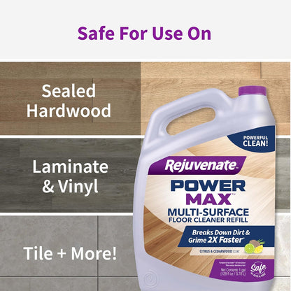 Rejuvenate PowerMax Multi-Surface Floor Cleaner, 128 Ounces, Breaks Down Dirt And Grime On Sealed Hardwood, Tile, Vinyl, Laminate To Deliver A Powerful, Deep Clean With Citrus And Cedarwood Scent