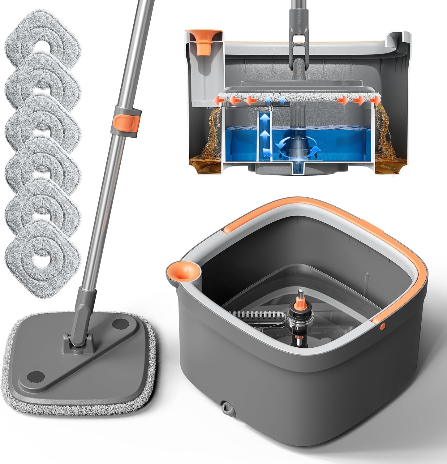 Upgraded Spin Mop and Bucket System Set, Self Separate Clean and Dirty Water, Foldable Square Standing Mop Head with Microfiber Mop Pads, Detachable Bucket (White+Blue, Mop Set with 6PC Pads)