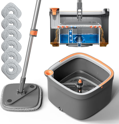 Upgraded Spin Mop and Bucket System Set, Self Separate Clean and Dirty Water, Foldable Square Standing Mop Head with Microfiber Mop Pads, Detachable Bucket (White+Blue, Mop Set with 6PC Pads)