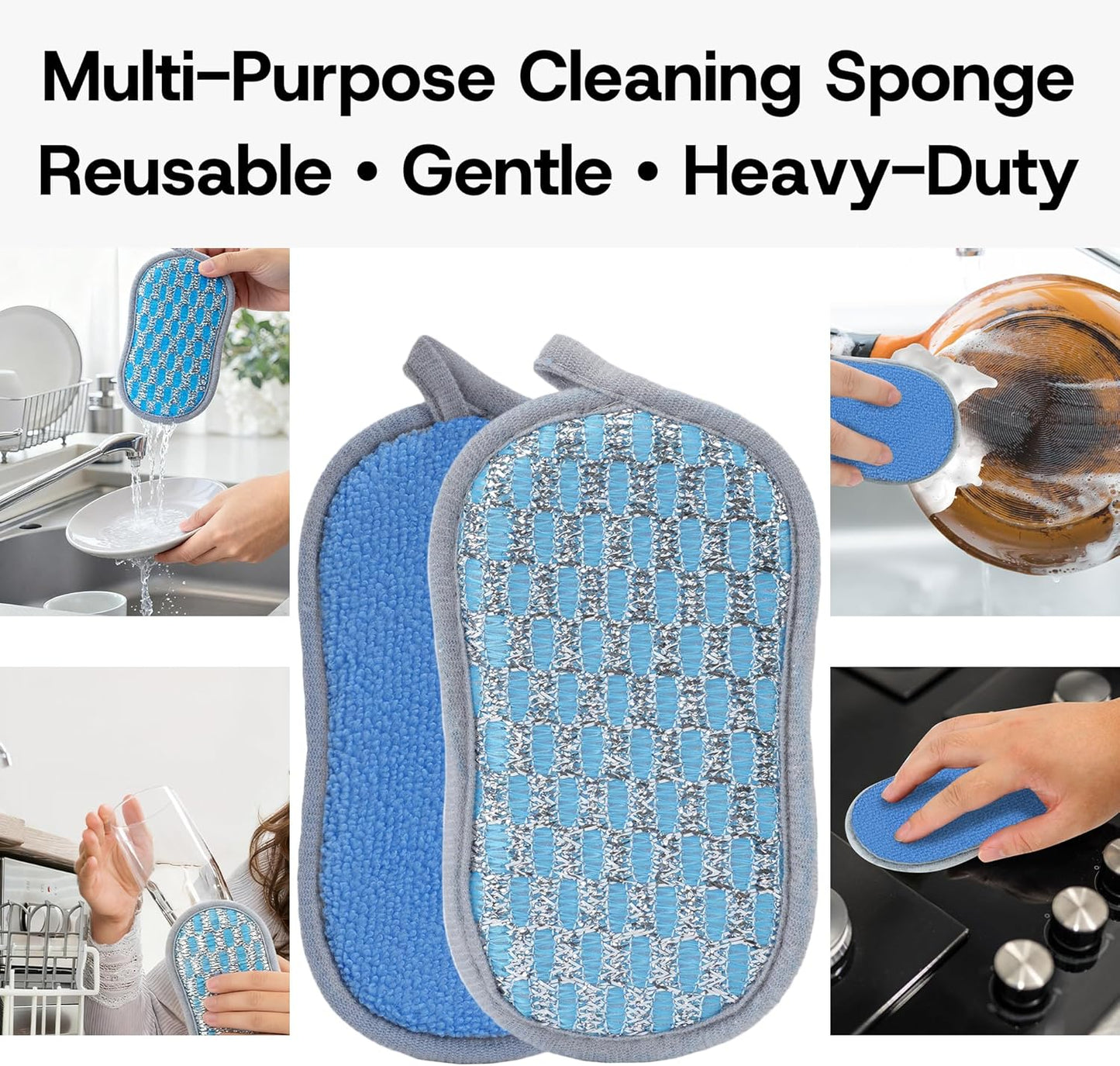 Multi-Purpose Scrub Kitchen Sponges – 12 Pack Dish Sponge, Dual-Sided Non-Scratch Microfiber & Metal Scrubber, Reusable Sponges for Dishes, Pots, Glass, Sink, Stovetop & Bathroom (Gray)